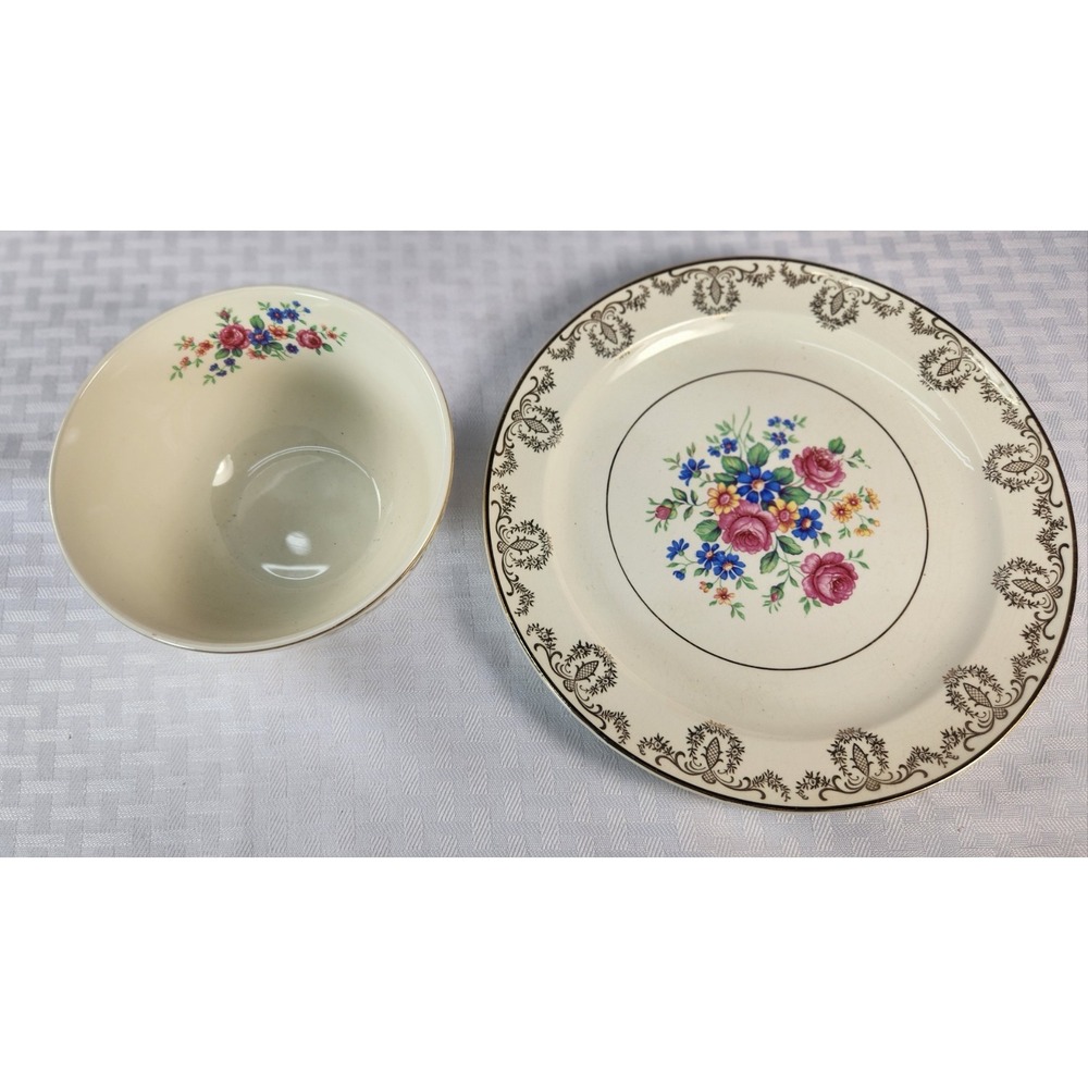 1939 Taylor Smith Taylor Sauce Bowl + Bread Plate 22K GOLD Filigree Floral Bouq